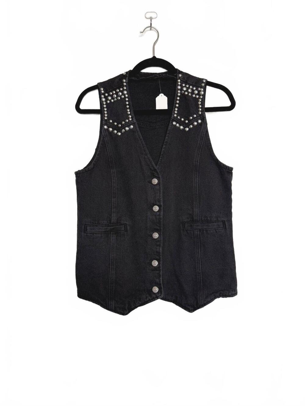 Faded Black Denim Studded Western Vest with Button Closure